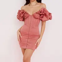 Женская одежда под заказ, оптовая продажа, розовое атласное платье без бретелек с оборками