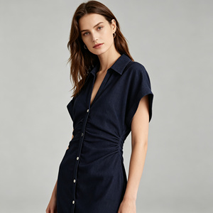 <span class=keywords><strong>Abito</strong></span> chemisier elegante in denim da donna, con vita arricciata, lunghezza <span class=keywords><strong>midi</strong></span>, maniche corte e bottoni - Product Image 2