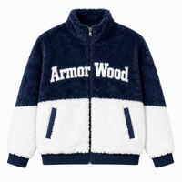 Veste en peluche personnalisée OEM ODM, fabricant, bleu marine et blanc, col montant, fermeture éclair intégrale, logo de marque privée, vente en gros