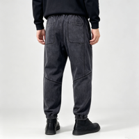 Jean délavé homme gris foncé, taille élastique, coupe ample, poches plaquées, bas de jambe élastiques, cordon de serrage