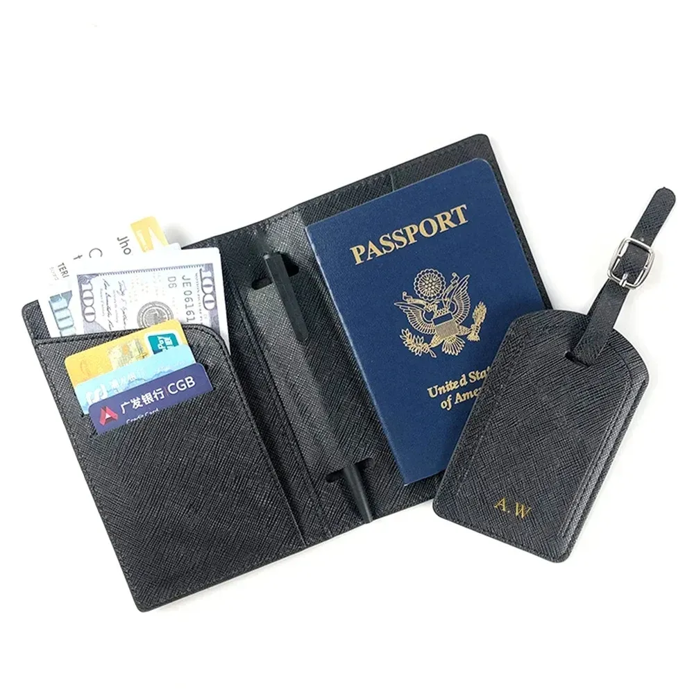 家族男性女性旅行財布Puレザーパスポートケースカードホルダーバッグと荷物タグセットカスタムロゴサフィアーノパスポートカバー