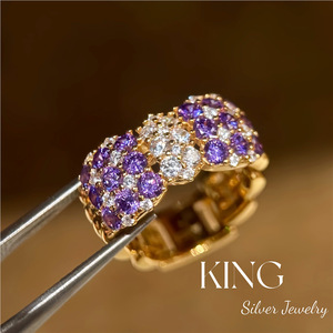 Anillo de Plata de Ley S925 con Baño de Oro y Diseño de Lazo, con Incrustaciones de Circonitas, para Uso Diario, Modelo Purple Charm - Product Image 1
