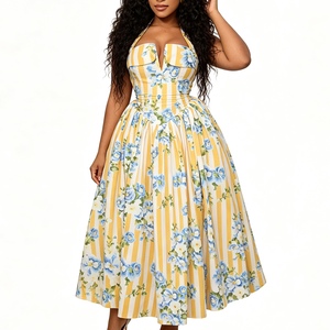 Vestido Midi Halter para Mujer con Estampado Floral a Rayas, Espalda con Cordones, Estilo Corsé, Vestido de Verano para Vacaciones, Moda Sehe - Product Image 1