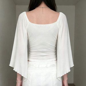 เสื้อยืดแฟชั่นฤดูร้อนใหม่ แต่งผ้าลูกไม้ คอวี แต่งโบว์ แขนบาน ช่วงเอวเข้ารูป สไตล์เรียบหรู สำหรับผู้หญิง - Product Image 5