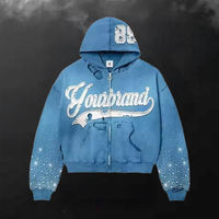 Sweat à capuche zippé personnalisé brodé pour homme, avec manches ornées de strass, effet délavé et usé, style streetwear