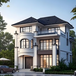 Villa Moderne de Luxe de Style Néo-Classique à Deux Étages avec Façade Courbe et Toit en Carreaux Noirs, Service de Rénovation et de Conception - Product Image 1