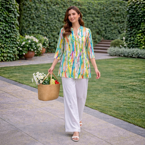 <b>Women</b> Colorful Printed <b>Kurta</b> Set with White Palazzo 3/4 Sleeve Loose Fit Summer Casual Outfit - Product Image 1