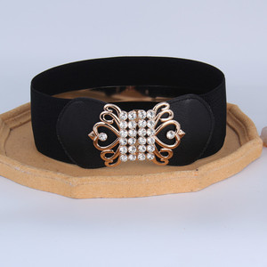 Sabuk Elastis Wanita Berhiaskan Rhinestone dengan Gesper Kristal, Sabuk Elastis Lebar dengan Tali Webbing Elastis dan Gesper Kristal yang Terjalin - Product Image 1