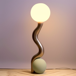 Lampadaire contemporain avec base en métal ondulé et abat-jour rond en verre, lumière blanc chaud doux pour usage résidentiel - Product Image 1