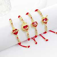 Bracelets Cœur Rouge HS163 Plaqué Or 18K avec Épée Épineuse, Flamme et Cœur, Zircon Cubique Rouge, Bracelets Ajustables en Corde, Bijoux Religieux