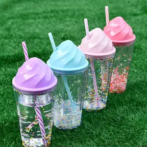 Straw Cup Summer Cold Drink Cup Double Plastic Factory Direct Supply Creative with Ice Cream Wholesale New 16oz Water Bottles