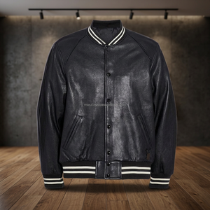 Veste d'hiver pour homme en cuir de vache véritable MSWVJ102 coupe-vent avec épaules tombantes et logo sur le devant - Product Image 2