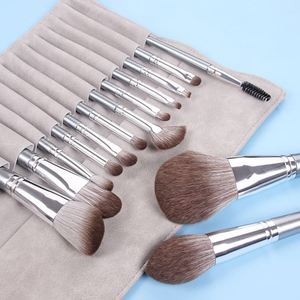 Private Label Luxury High Quality 14-Piece Silver Makeup Brush Set for Face Eye Concealer Foundation Synthetic <strong>Fibre</strong> Wood Handle - Product Image 3