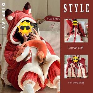 Conjunto de ropa para el hogar de talla grande roja Otoño Invierno Coral pijama con <span class=keywords><strong>forro</strong></span> <span class=keywords><strong>polar</strong></span> grueso sólido pequeño zorro camisón de pareja - Product Image 2