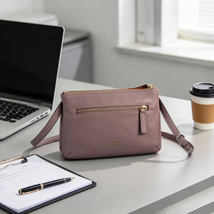 Dusty Pink Crossbody <b>Bag</b> Adjustable Shoulder Strap Front Zipper Pocket Gold Metal Logo Daily <b>Womens</b> Handbag - Product Image 2