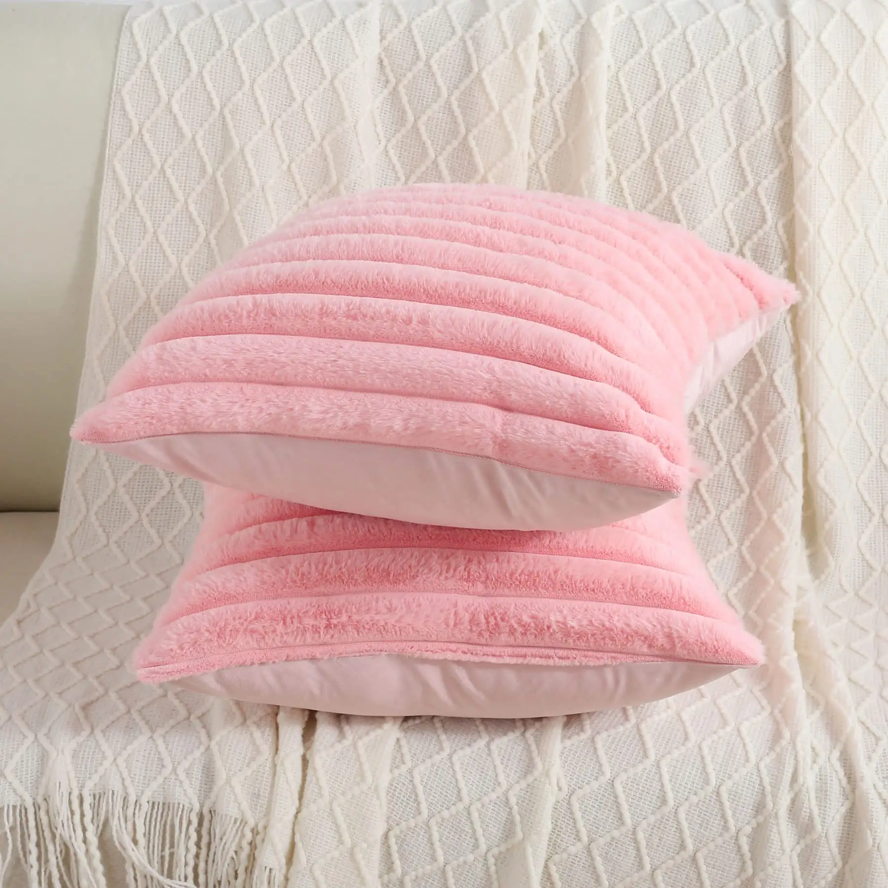 Custom Striped Decorative Soft Cozy Faux Rabbit Fur   Velvet Pillowcases 45*45cm Square Pillow Case Luxury Sofa Cushion Covers