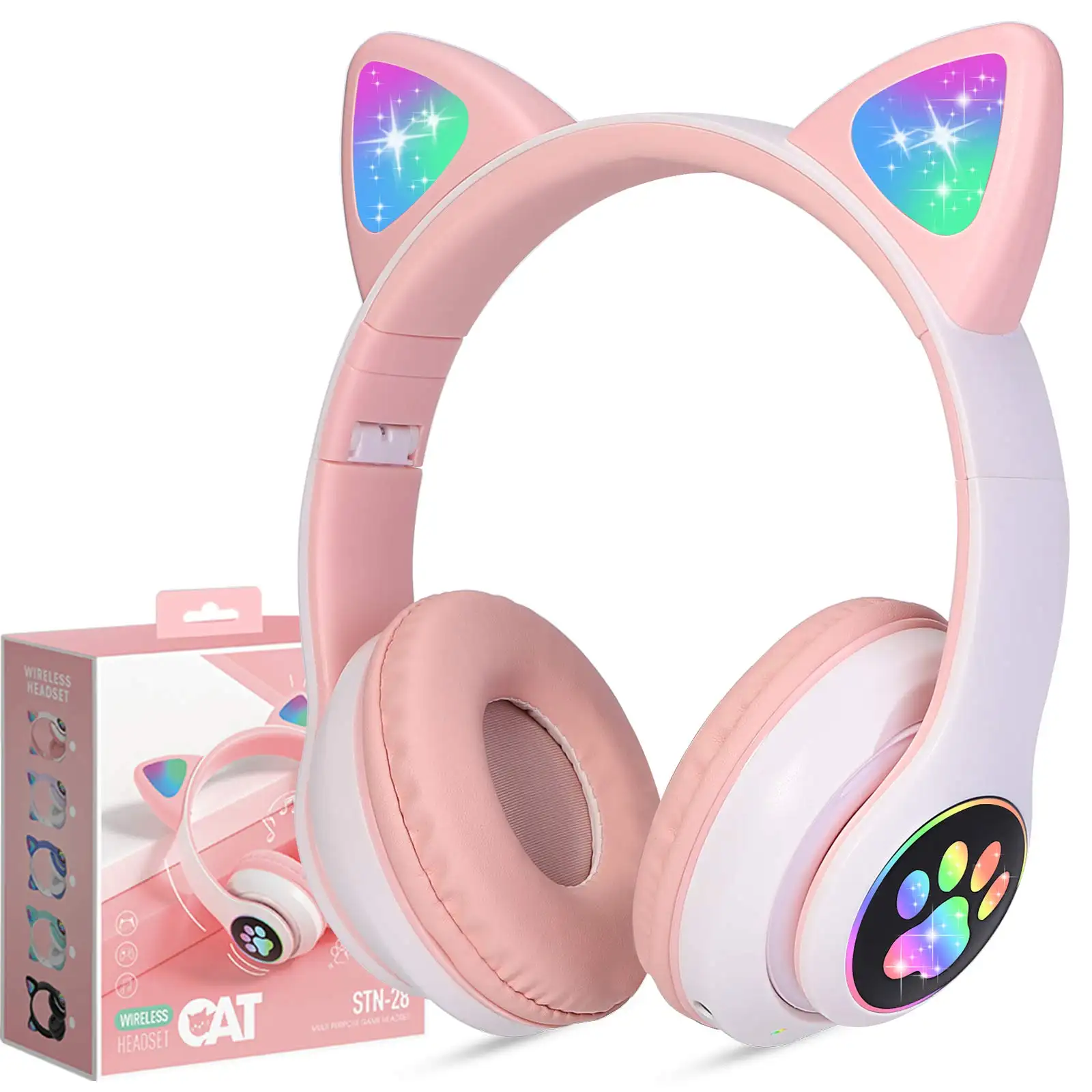 Wireless Headset Cat Ear LED Light up Bluetooths Foldable Headphones Over Ear Microphone Cordless Headset for Girl Kids Dynamic