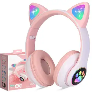 Fone de ouvido sem fio para gato, fone de ouvido dobrável com orelha de gato com luz led, microfone sem fio e dinâmico para meninas e crianças