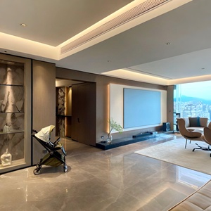 Soporte de TV de lujo moderno, Panel de pared de acero integrado en fábrica, almacenamiento integrado personalizado, sala de estar, hogar con vidrio de madera - Product Image 1