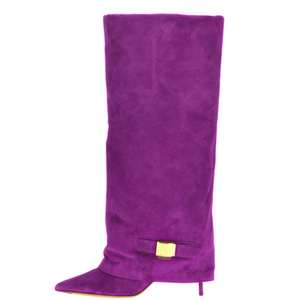 Botines de tacón alto fino con punta, estilo superpuesto, de gamuza, para mujer, con decoración metálica, hasta la rodilla - Product Image 5