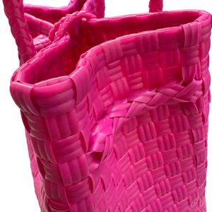 Handmade <b>Hot</b> <b>Pink</b> Woven Plastic Straw Tote <b>Bag</b> Waterproof Reusable Summer Beach Shopping Market Basket Handbag For Women Casual - Product Image 4