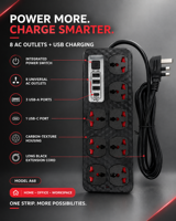Stop Kontak Universal 8 Lubang Harga Terbaik dengan 3 Port USB dan 1 Port Type-C, Saklar Daya, dan Kabel Ekstensi untuk Rumah