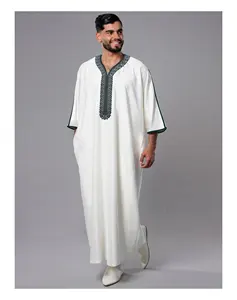 قفطان للرجال 2024 جباندور غندورة جيوب جانبية ثوب مطرز ثوب إسلامي بأكمام طويلة عباية كلاسيكية بيضاء رداء للرجال