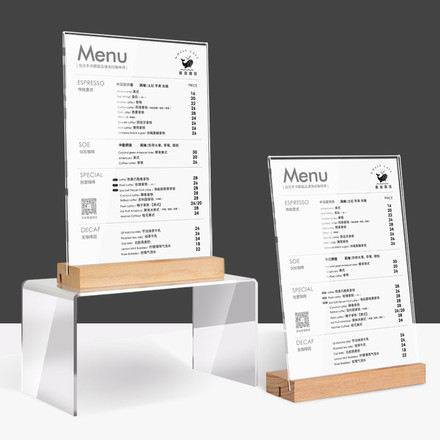 Modern A4 Acrylic Table Card with Wooden Base Eco-friendly Standing Table Sign for Stall Display Menu Sign Advertising Sign