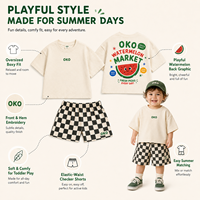 Conjunto de Camiseta y Pantalones Cortos de Algodón para Niños, Diseño Personalizado 2026, Estilo Oversize con Hombros Caídos, Estampado a Cuadros, Ropa Urbana para Niños Pequeños, Muestra OEM