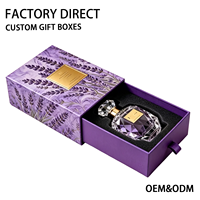 Boîte rigide personnalisée violette avec tiroir, thème floral, insert en éponge, logo estampé à chaud en couleur or, emballage pour coffret de parfum, fabrication en usine