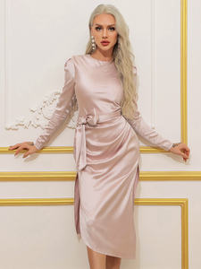 Autunno <span class=keywords><strong>e</strong></span> inverno abito da donna elegante in raso Sexy rosa <span class=keywords><strong>Nude</strong></span> girocollo a maniche lunghe abito avvolgente - Product Image 3