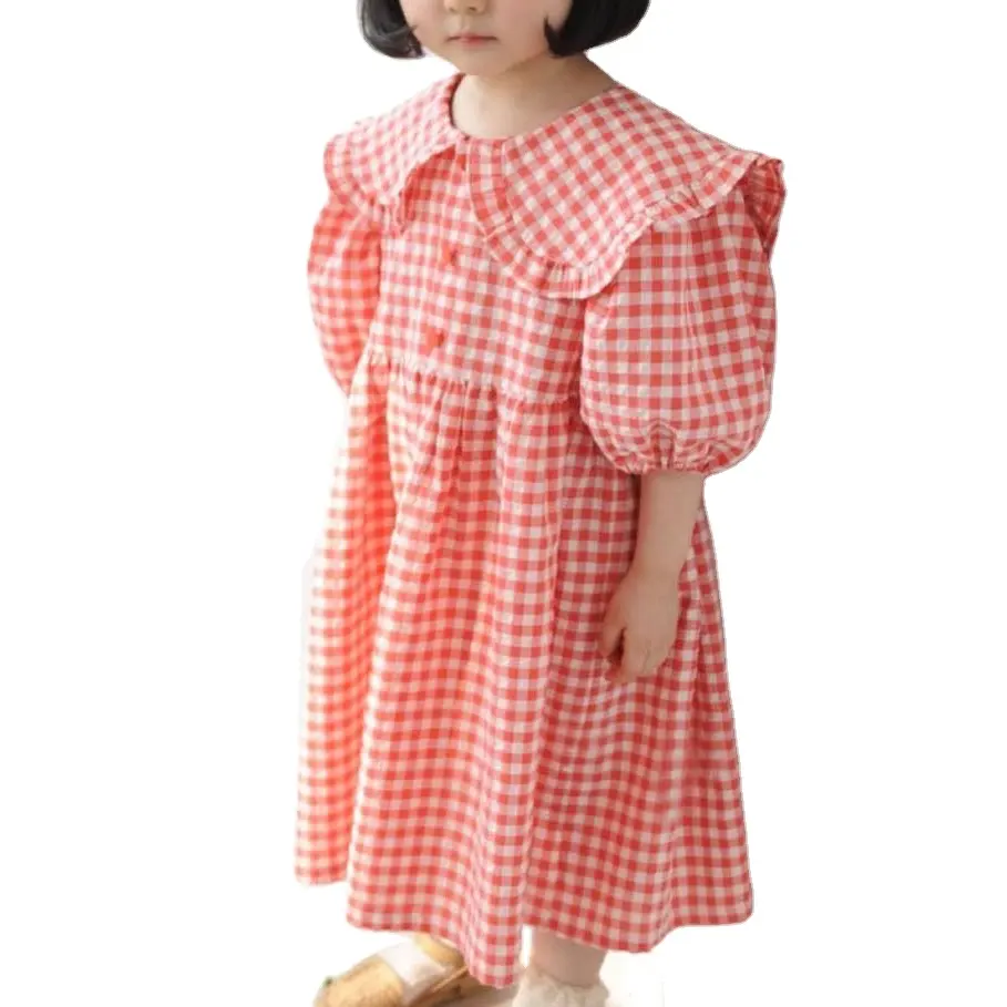 Kids Girls Dresses Summer Holiday Red Check Plaid Pattern Cotton Turn-down Collar Boutique Clothing Girls High Quality Dresses