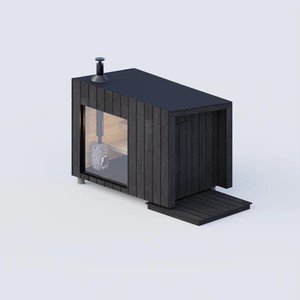 Cabine de sauna infrarouge lointain compacte à lattes verticales en hemlock noir avec chauffage intégré, cheminée en pierre, entrée latérale et terrasse - Product Image 1