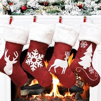 Chaussettes de Noël en coton, douces et moelleuses, avec bordure blanche, appliques renne, flocon de neige et sapin, tricotées, pour cheminée, style rustique et campagnard