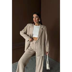 Wholesale <b>Women's</b> Beige Striped Jacket and <b>Pants</b> <b>Suit</b> Set - Product Image 3