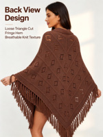 Poncho en tricot ajouré à franges avec col à revers pour femme, châle cape triangulaire doux et respirant