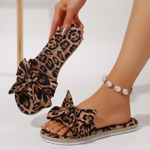 ashion Plus Size Flat Sandals <b>Slippers</b> Womens 2025 Summer New European American Style <b>Leopard</b> Bow Wholesale - Product Image 1