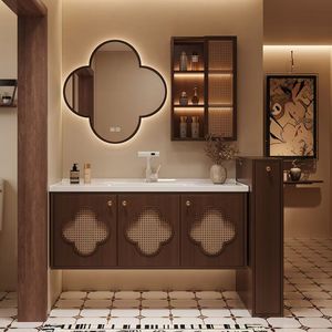 Gabinete de Baño con Espejo Estilo Vintage Dingyue, con Diseño de Trébol de Cuatro Hojas, en Madera de Nogal y Roble, con Lavabo de Cerámica y Luz - Product Image 2