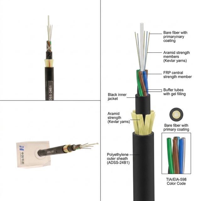 Huaneng ADSS Outdoor Fiber Optic Cable G652D Fiber Aluminum Conductor Solid Type 10 Conductors