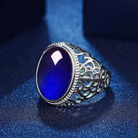 Bague de luxe personnalisée pour homme en agate avec cabochon ovale coloré, monture argentée, bijou de mode délicat