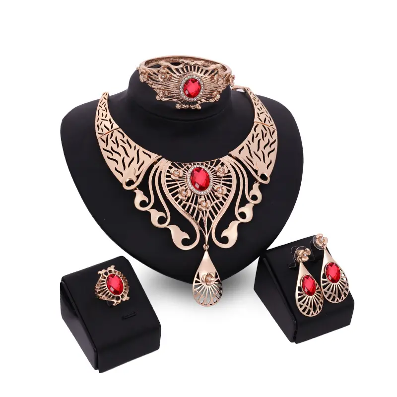 Wannee Luxus indische Damen Ruby oval Diamant-Halsband Ohrringe Armband Ring 4-teilig Hochzeit Braut-Schmuck-Set