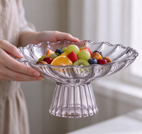 Bol à fruits en verre borosilicate transparent sur pied, plat de service côtelé, bord ondulé, pour desserts, collations et décoration de table