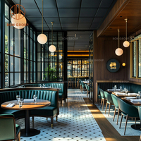 Fauteuil banquette en cuir à dossier haut en forme de L, table carrée en bois massif, mobilier de restaurant commercial sur mesure Ron Group pour café