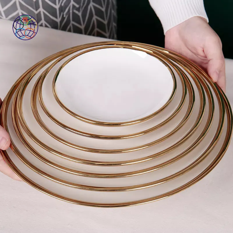 Yongsheng-Platos personalizados Para restaurante, plato de cena Para fiesta, borde dorado liso, plato redondo de cerámica Para cena, venta al por mayor