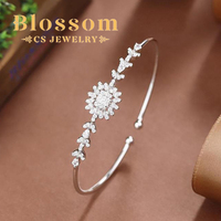 Blossom CS Jewelry Wholesale - Bracelet ajustable élégant et délicat en argent 925 avec zircon, motif tournesol et feuille, pour femme