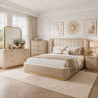 Ensemble de meubles de chambre à coucher moderne en bois massif capitonné avec lit king-size, commode convertible, armoire et hauteur réglable au design contemporain