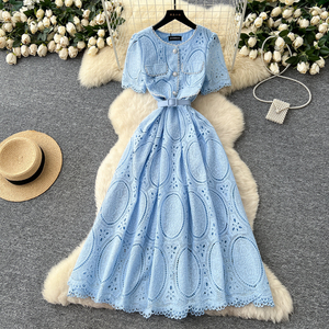 Verano <span class=keywords><strong>romano</strong></span> cuello redondo túnica vendaje Casual Midi <span class=keywords><strong>vestido</strong></span> para <span class=keywords><strong>mujer</strong></span> imperio con cuentas ahueca hacia fuera el <span class=keywords><strong>vestido</strong></span> de encaje - Product Image 2