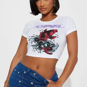 X12564C женская укороченная футболка с коротким рукавом Харадзюку 2024 панк Фея гранж Винтажная футболка с графическим рисунком