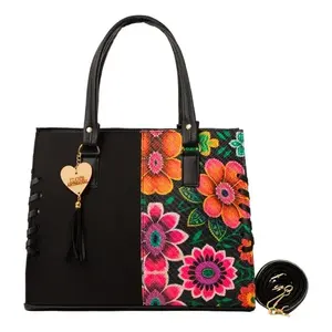 Bolso de Mano de Yute Negro para Mujer, Marca Fana Star, Tamaño Mediano, con Estampado Floral, para Uso Diario y Compras - Product Image 3