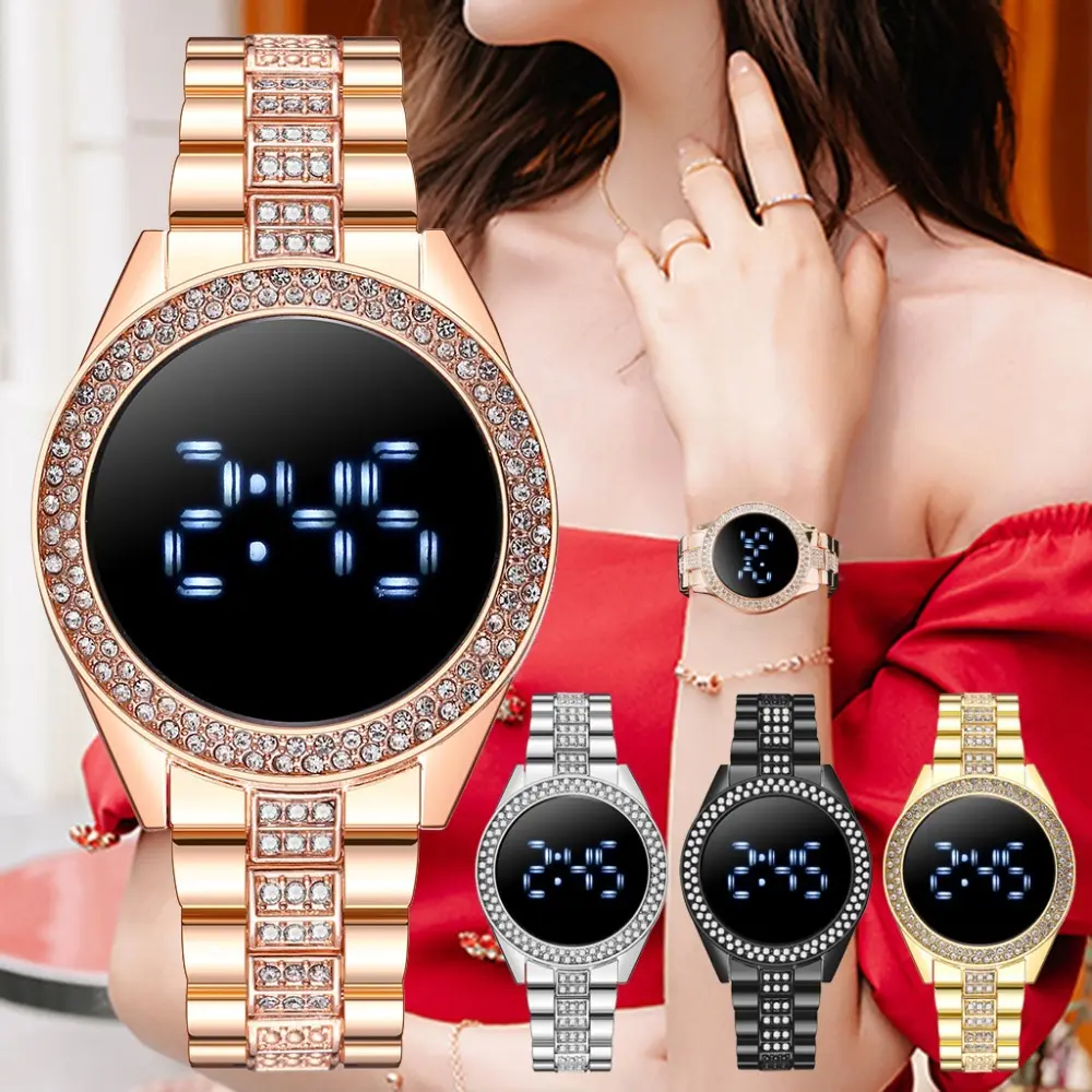 Wholesale Luxury LED Digital Watches Ladies Sports Trend Personalized Electronic Watch Rose Gold Stainless Steel for Women Glass